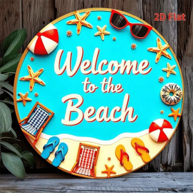 CIFbuy Welcome To The Beach Metal Sign 8x8 Inch Vintage Seaside Vacation Decor, Coastal Summer Wall Art Plaque, Round Home Decoration TikTok, TikTok