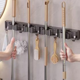 2 Pack Heavy Duty Mop and Broom Holder, Adjustable Gold Metal Wall Mount Cleaning Tool Storage Rack with Hooks for Kitchen, Laundry Room