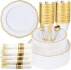 350pcs White and Gold Plastic Plates - Gold Plastic Dinnerware Set Includes 50 Dinner Plates, 50 Dessert Dinnerware, 50 Cups