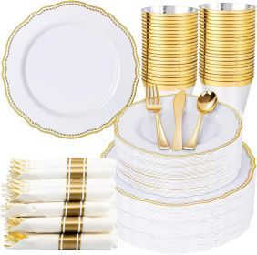 350pcs White and Gold Plastic Plates - Gold Plastic Dinnerware Set Includes 50 Dinner Plates, 50 Dessert Dinnerware, 50 Cups