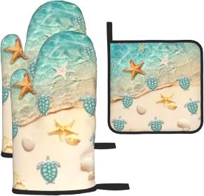 Sea Turtles Beach Oven Mitts and Pot Holders Sets of 3 Nautical Kitchen Decor Heat Resistant Hot Pads Teal Nautical
