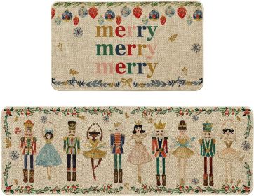Mode Watercolor Nutcrackers Merry Christmas Decorative Kitchen Mats Set of 2, Home Party Low-Profile Kitchen Rugs - 17x29 and 17x47 Inch