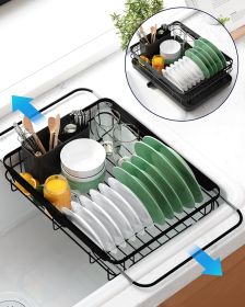Dish Drying Rack for Kitchen Counter, Stainless Steel Sink Organization and Storage Essentials with Cutlery Holder, Home and Appartment Decor (Color: Black  12.2''W x 15.7''~23''L - 1 Tier)