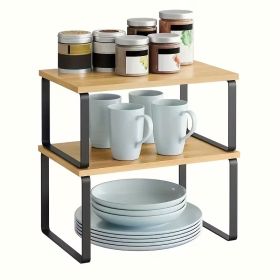 2 Pack Adjustable Stackable Wood Storage Shelves, Multi Purpose Countertop Organizer Rack for Kitchen, Spice, Bathroom and Pantry (Color: black)